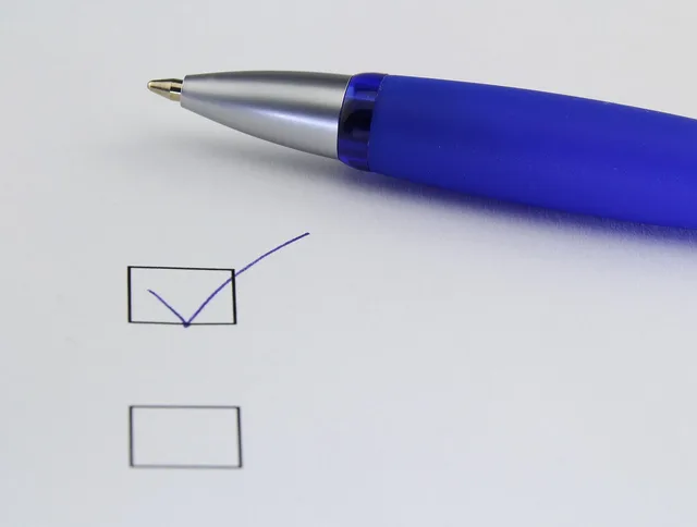 office, selection, write, paper, mark with a cross, done, ballpoint pen, pen, select, checklist, selection list, decide, decision, checklist, checklist, checklist, checklist, checklist. A buyer-owned UGC selection checklist that stops the appointment when a hard gate fails