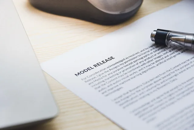 paper, model release, form, document, signing, pen, desk, agreement, business, contract, signature. Vendor due diligence for UGC marketplaces: build a dated evidence ledger